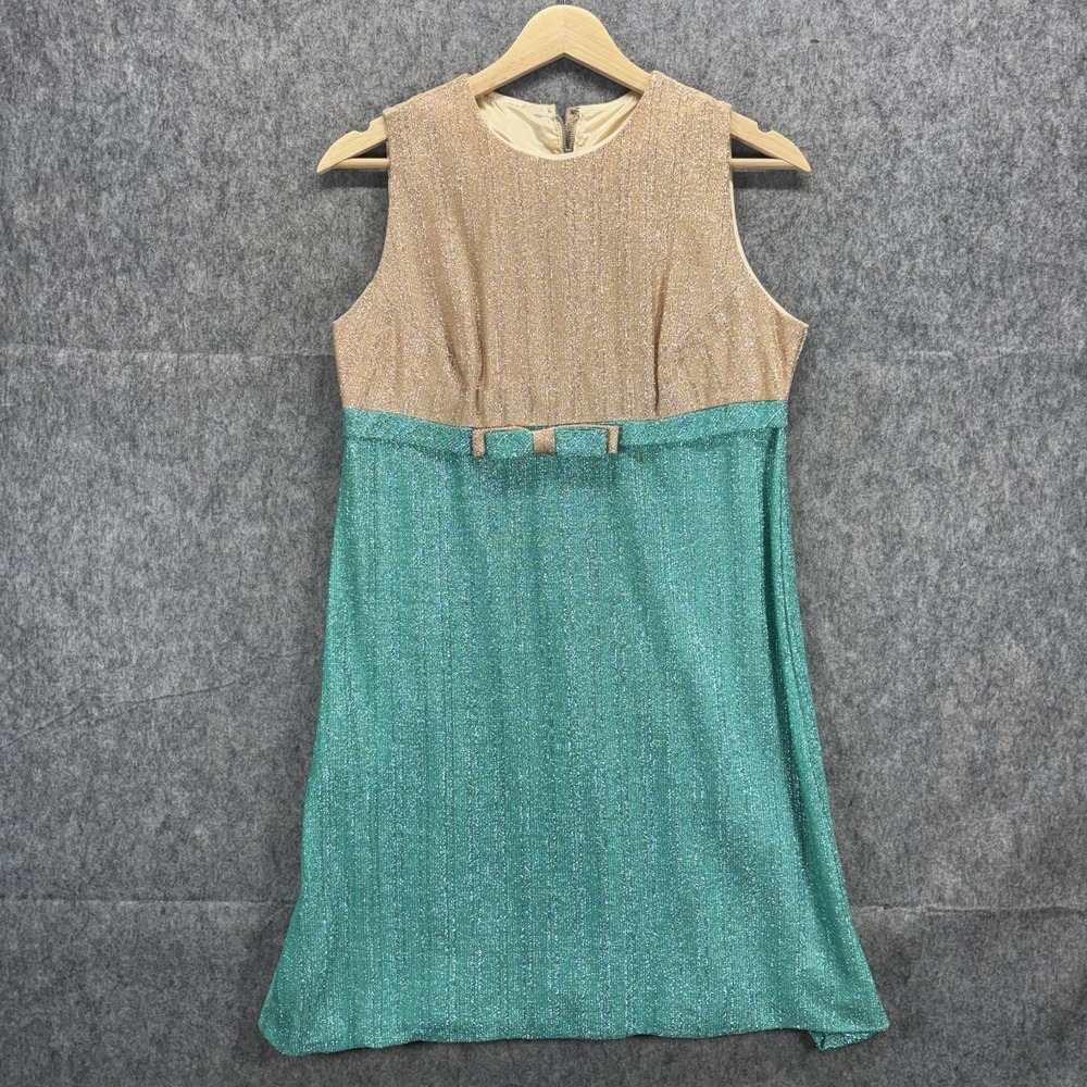 Vintage 1960s Empire Waist Mini Dress Color Block Metallic Vicky Vaughn Medium